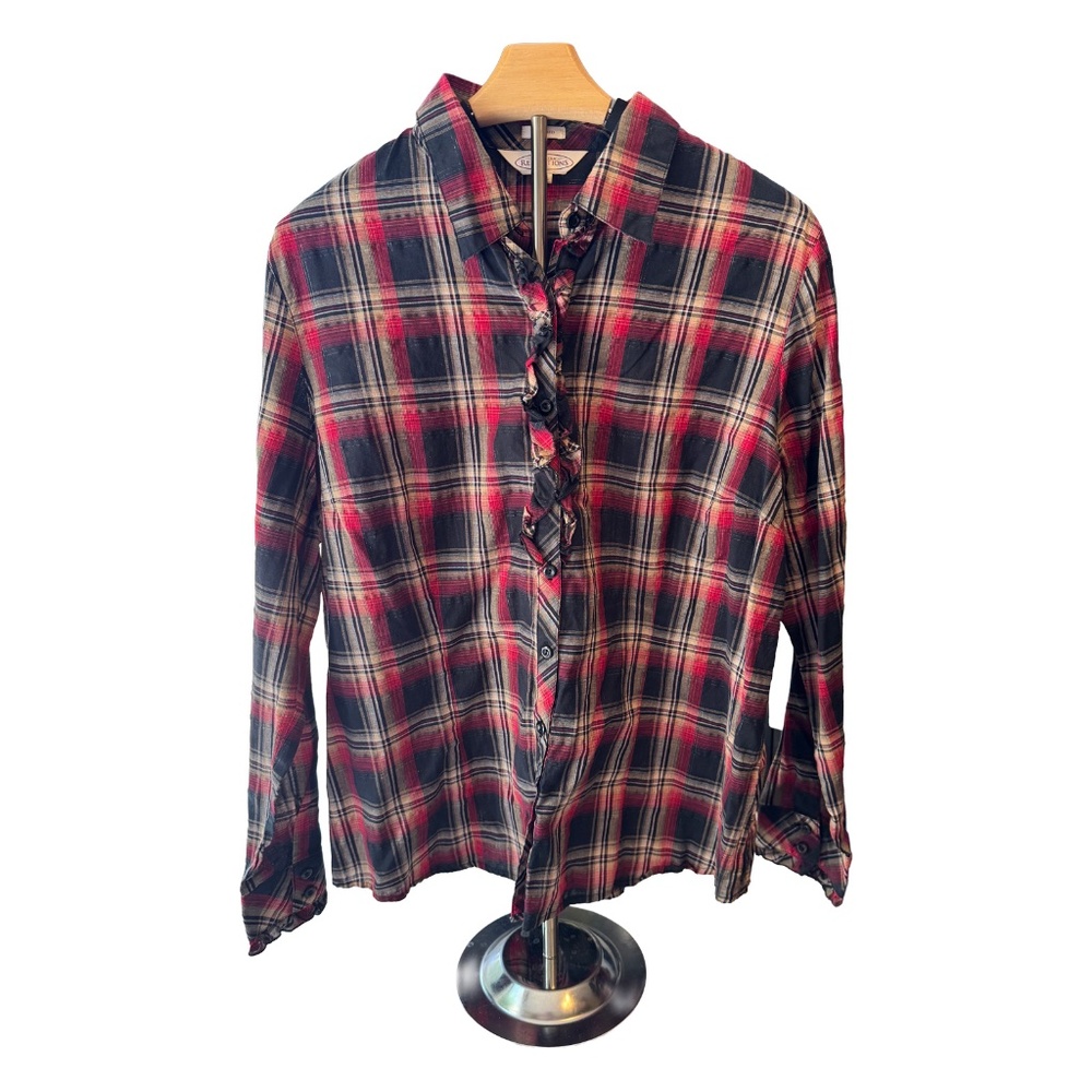 Northern Reflections Red Plaid Ruffle Front Tailored Button Down Shirt XL